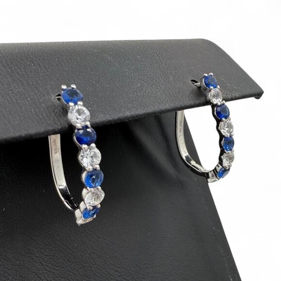 Blue Sapphire White Sapphire Leverback Earrings 925 Sterling Silver Hoop Huggie - Picture 2 of 8